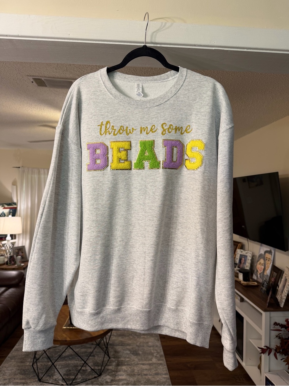 Bella Canvas Light Gray Crewneck with Gold Script and Multicolor Block Letters
